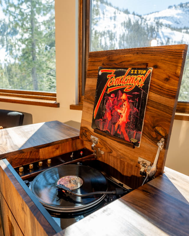 Mojo stereo console in bright living room in front of large windows - a snowy mountain is seen through the windows.