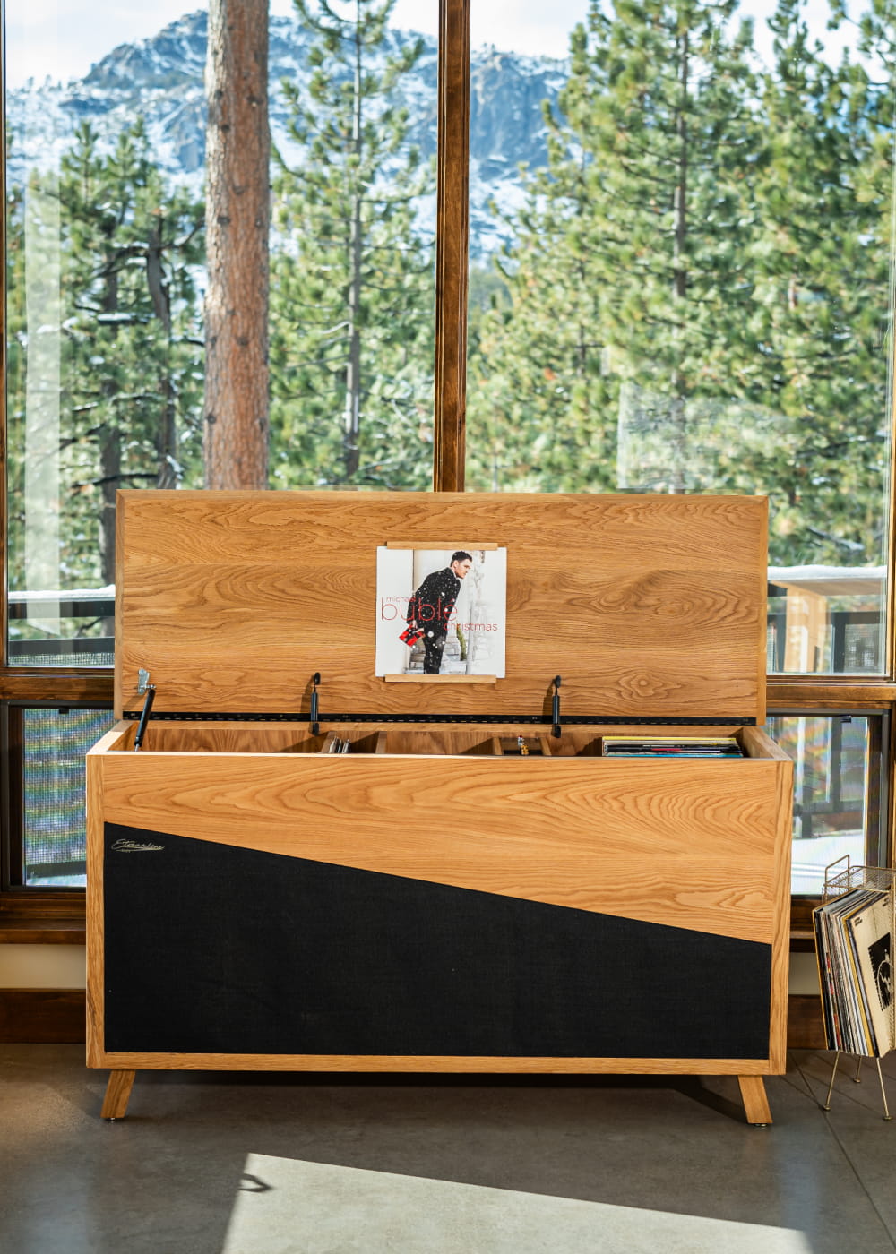 Streamline HiFi console Mojo model in white oak in mountain home living room.