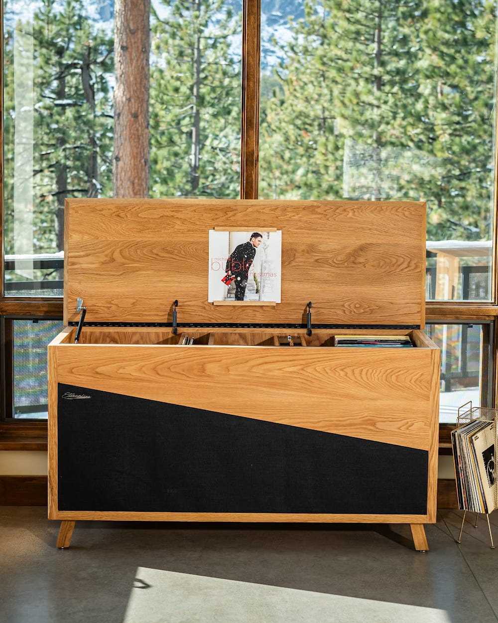 Streamline HiFi console Mojo model in white oak in mountain home living room.