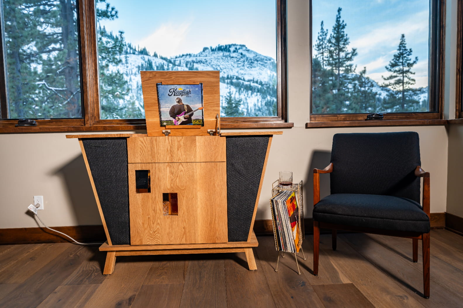 Rambler console in beautiful mountain home living room with snow filled mountains seen through window behind unit.