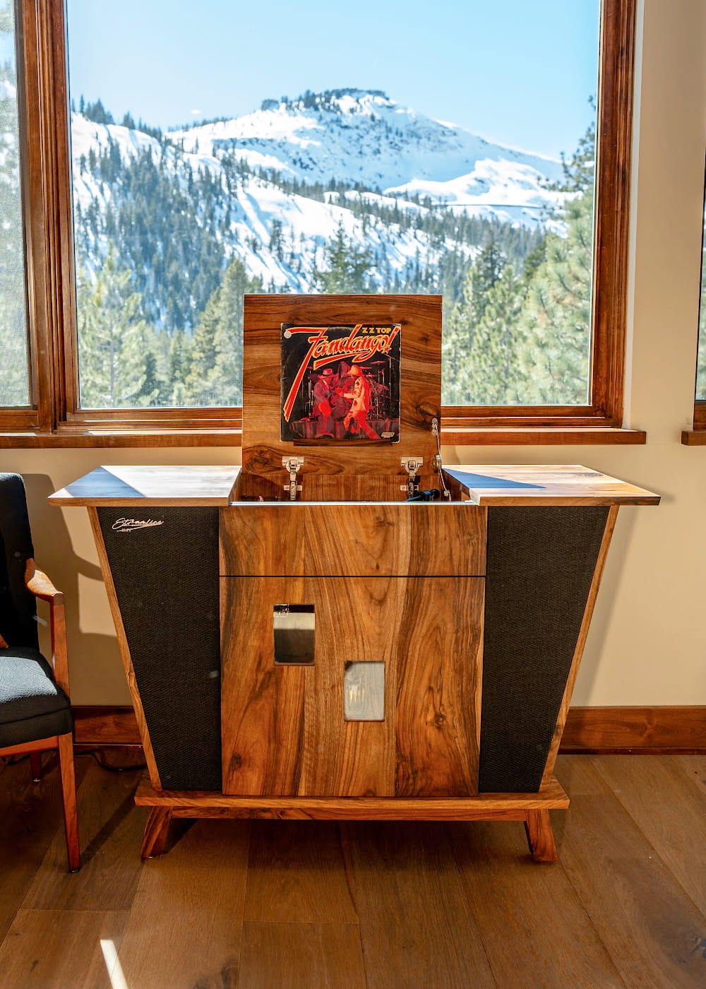 Streamline HiFi Rambler model, built with English walnut in mountain home living room.