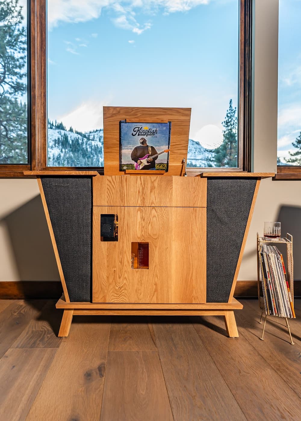 Streamline HiFi Rambler model, built with white oak wood in mountain home living room.