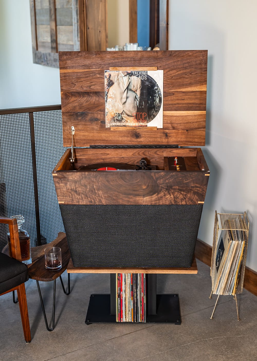 Front view of Crossroads built in English Walnut - top is open.