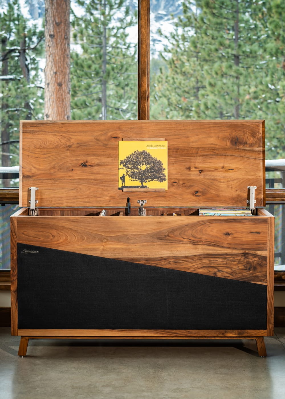 Mojo console made with English Walnut with top open - in a mountain home living room.